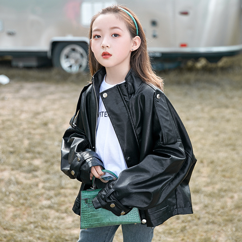 女童皮衣春季韩版中大童时髦机车外套小学生春秋短款pu夹克潮 黑色