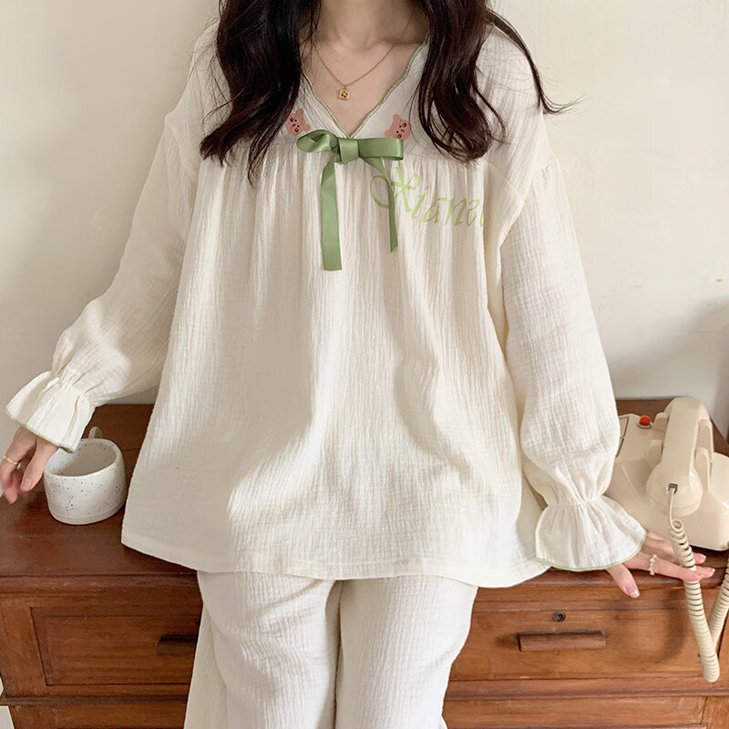 【品牌服饰】纯棉纱布睡衣女春秋季长袖长裤韩版ins风蝴蝶结女士家居