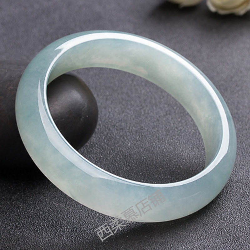 西柔慕 冰种翡翠手镯女白冰玉镯糯冰细条镯子浅绿圆条贵妃玉手镯少女