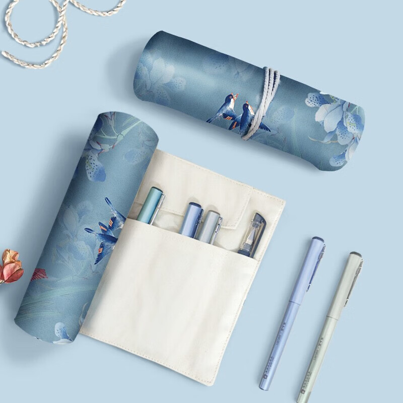 卷笔袋 中国风复古卷帘笔袋大容量日式布艺铅笔袋多功能文艺笔帘 碟雀