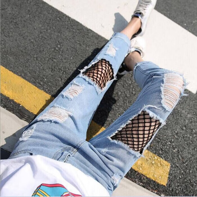 元乐申渔网破洞女款9分牛仔裤子学生宽松春夏款韩版九分烂洞牛仔裤女