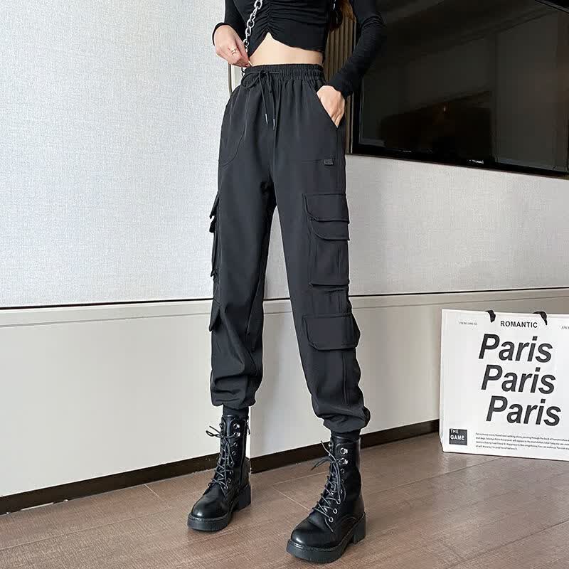配马丁靴的裤子黑色加绒工装裤女2022春秋冬新款网红显瘦高腰束脚休闲