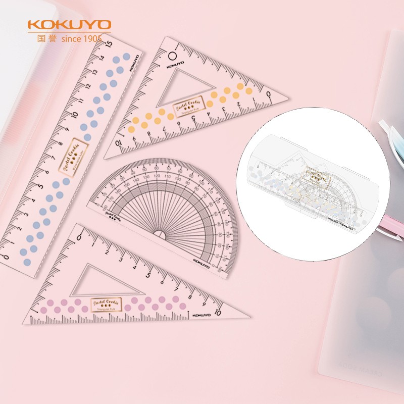 日本国誉（KOKUYO）淡彩曲奇三角尺套装尺子透明刻度量角器