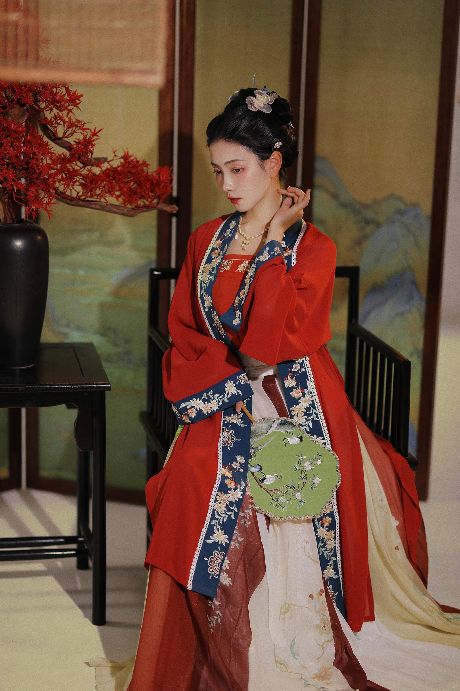 学生乐 汉服女成人夏季薄款宋制褙子对襟长衫三件套夏秋款 朱红色(三