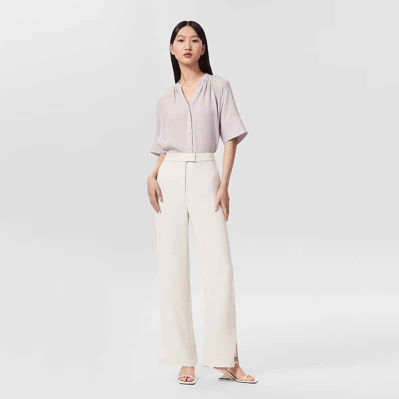 OVV【重磅真丝】OVV22春夏新款女装18.5MM双乔绉V领宽松短袖休闲衬衫 紫灰09 L