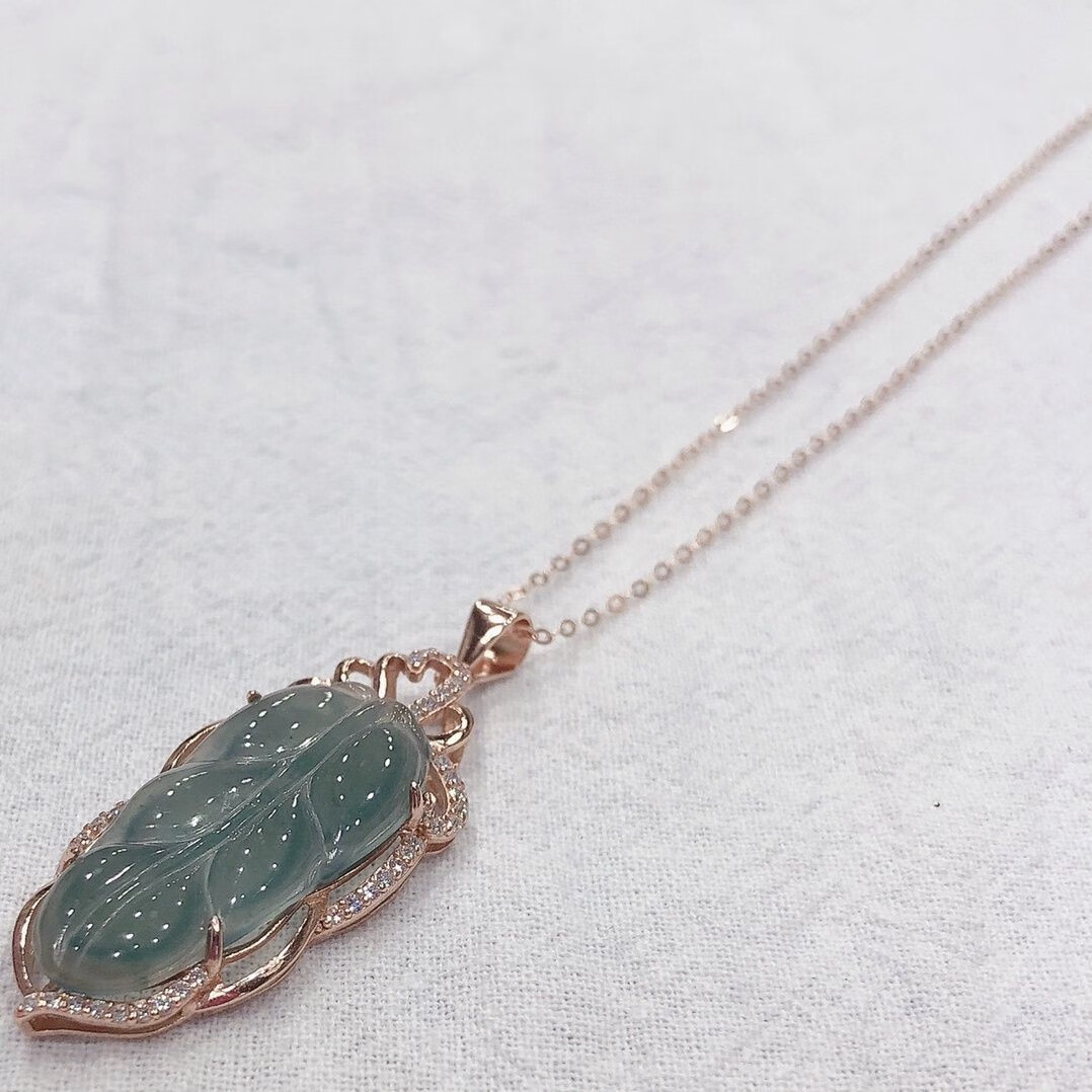 珠佩丽翡翠叶子d273# a货高冰翡翠叶子s925银镶嵌玫瑰金金枝玉叶吊坠