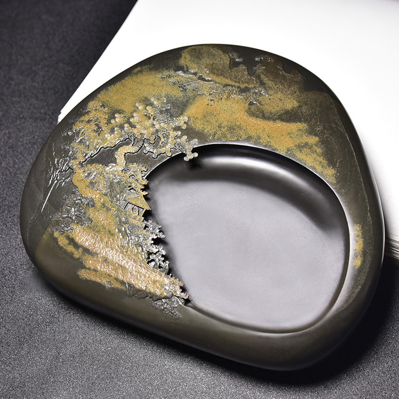 重礼 歙砚张子坚作品手工雕刻江南烟云金皮籽料老坑原石砚台文房收藏