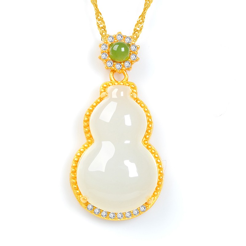 执玉珠宝  s925银镶嵌和田玉葫芦吊坠白玉福禄玉坠挂件