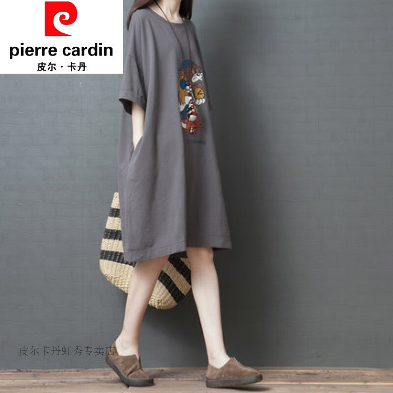皮爾卡丹（pierre cardin）2024撤回中長(zhǎng)款上衣夏體恤休閑連衣裙寬松優(yōu)雅簡(jiǎn)約 灰色 M【建議115斤以下】