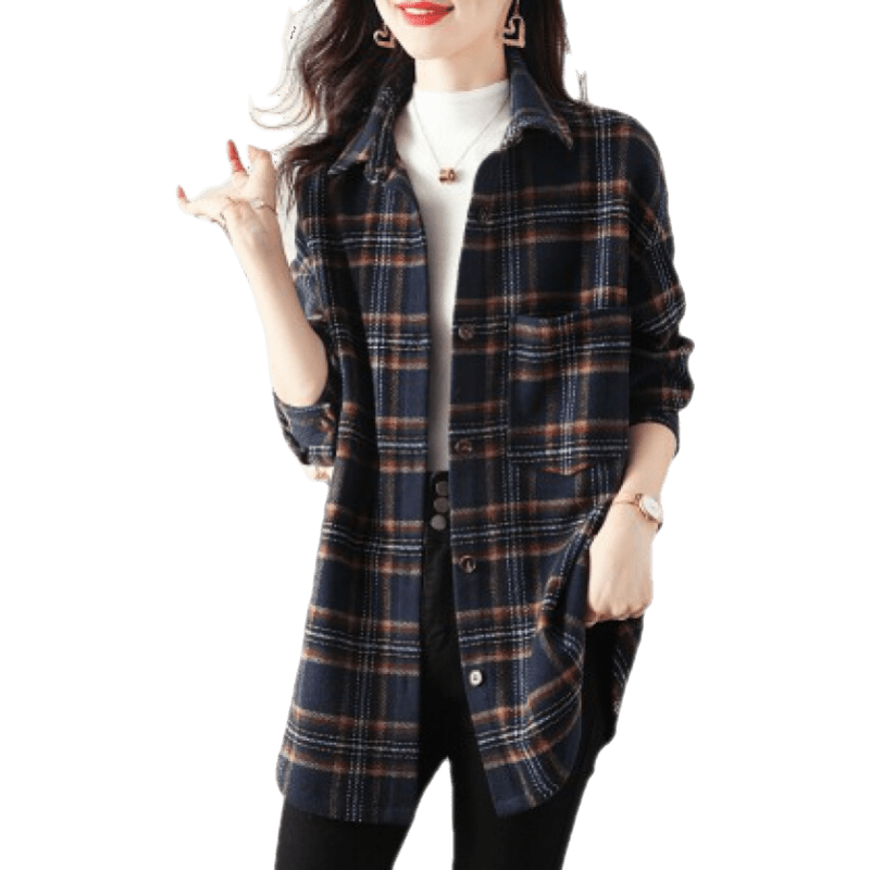 莎芡服饰旗舰店的复古格纹长袖衬衫女新款休闲文艺上衣单排扣简约百搭衬衣