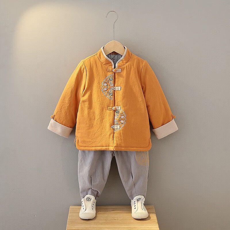 男童套装冬装女宝宝汉服拜年服中国风过年新年装加厚礼服 xt705橙色