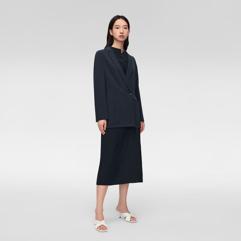 OVV2024春夏新款女装修身一粒扣平驳领简约单件西服外套 藏青（净色）06 L