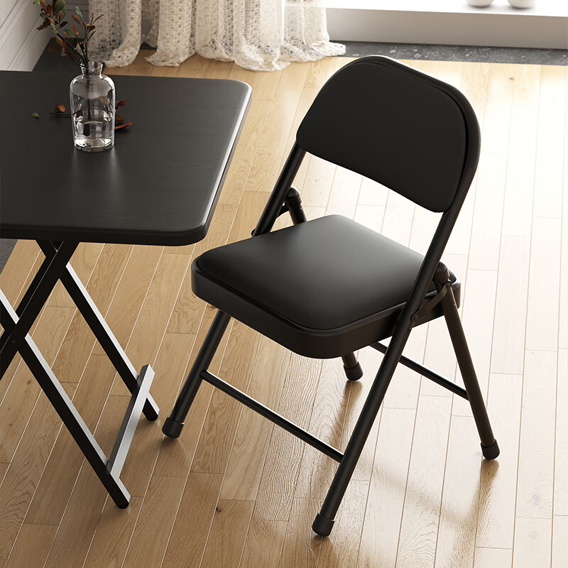 小匠材简易凳子靠背椅家用折叠椅子便携办公椅电脑椅餐椅宿舍 黑架黑皮