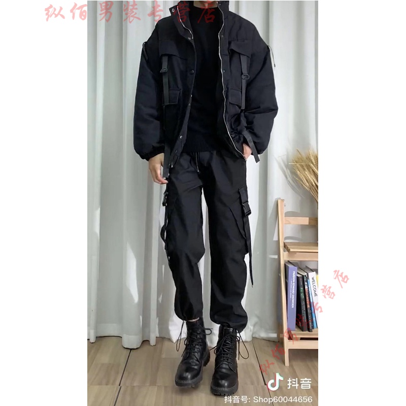 机能风套装暗黑系男微胖男生穿搭抖音视频搭配冬季高街暗黑工装棉服