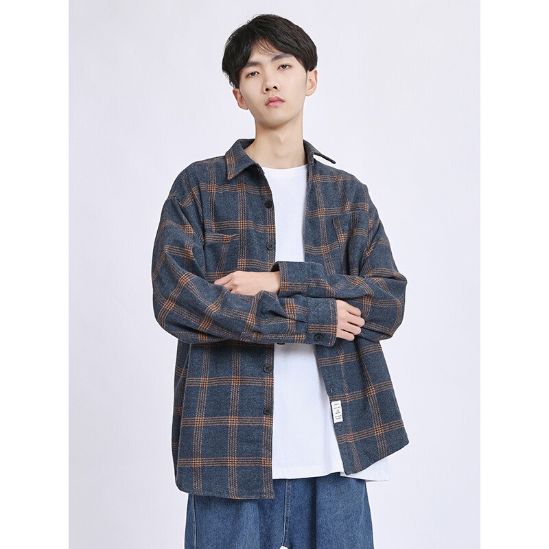 格子衬衫男长袖衬衣ins潮男装宽松外套秋冬加厚休闲上衣服 c9047 蓝色