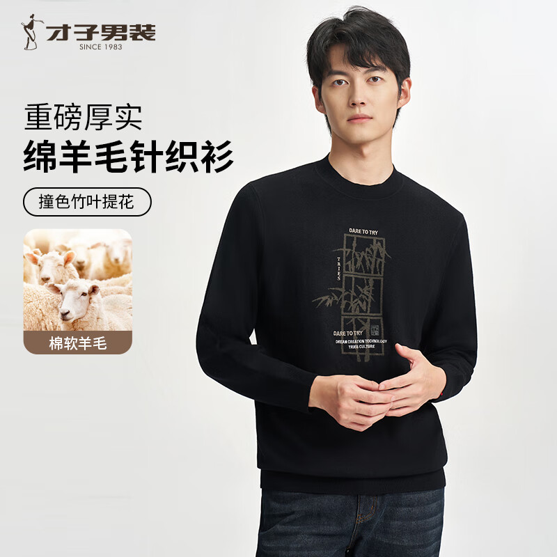 才子（TRIES）圆领毛衣男士春秋新款男装提花套头针织衫螺纹领毛衫毛衣打底衫 黑色 XL 50(175/92A)
