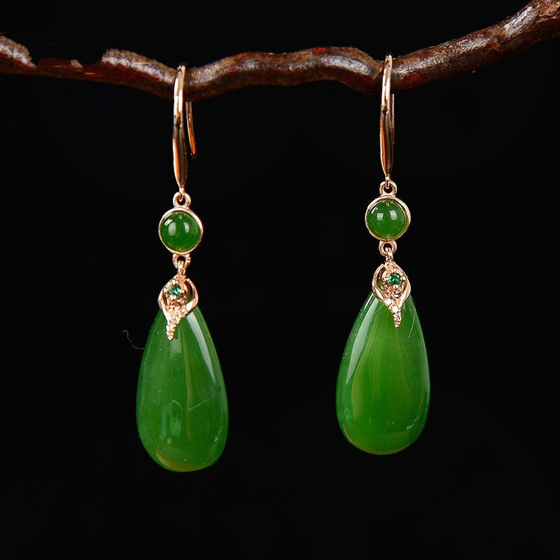 豪珠 俄料和田玉碧玉耳环 女款18金水滴形耳坠 天然老料玉石耳饰 图片
