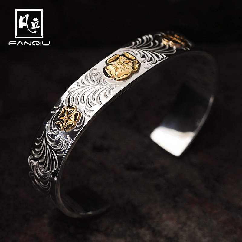 凡丘珠宝 goros高桥吾郎手工篆刻唐草三点金蔷薇花平打开口手镯 精品