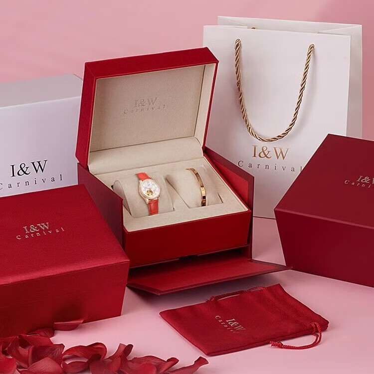 爱沃驰瑞士星座系列时尚镂空防水全自动机械手表女士表七夕生日礼物送女 玫壳白盘黑皮|进口机芯