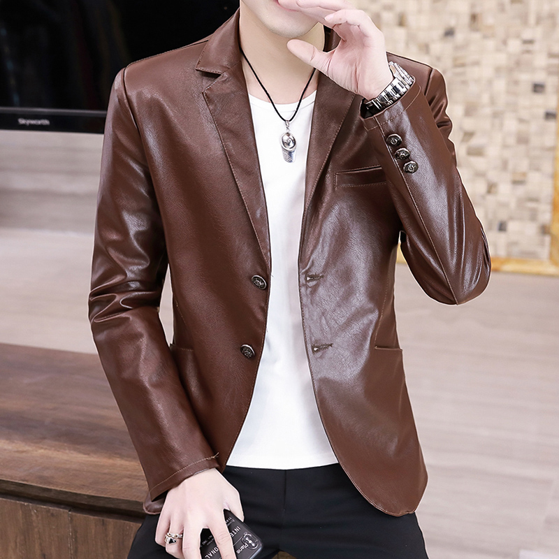 玛萨洛2021新款潮流修身皮衣西男装皮外套休闲小西服男士韩版流行夹克