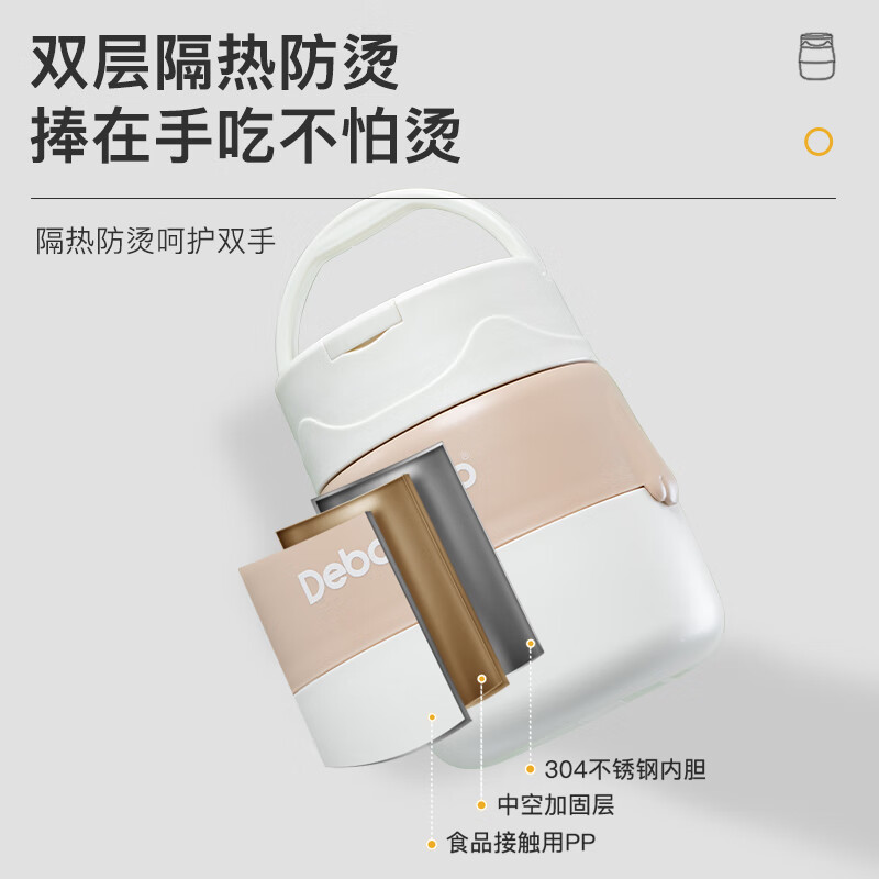 Debo德铂便携早餐杯汤杯带盖上班族餐盒汤罐 露比-灰色 1层 500ml