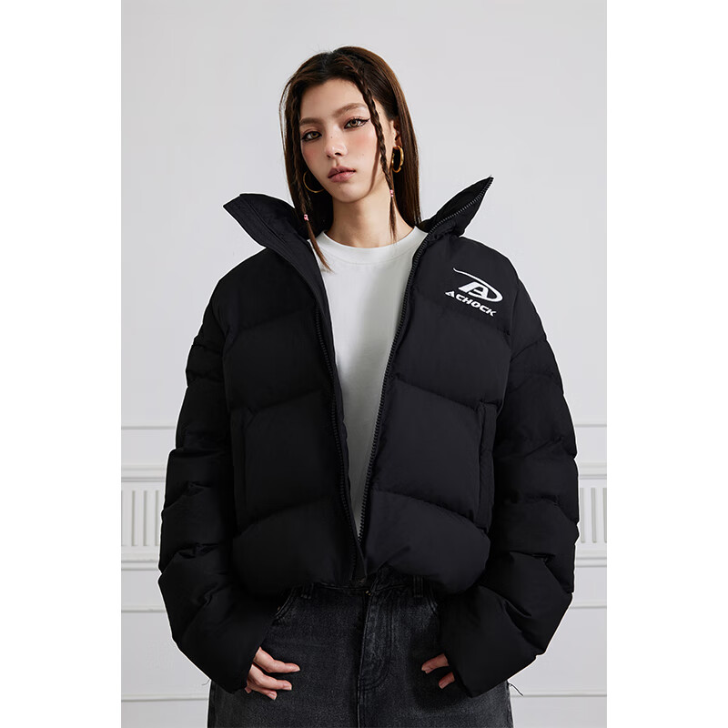 A CHOCK【Achock官方店】美式基礎(chǔ)簡約刺繡logo棉服外套情侶潮保暖棉衣男 黑色 S