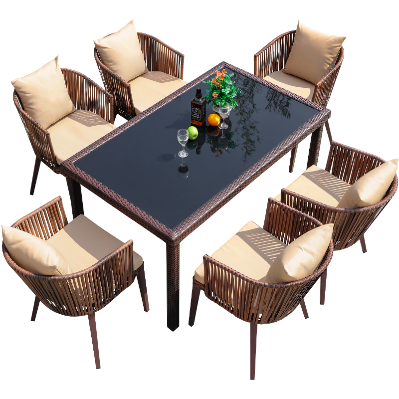 嘉勒美阳台花园桌椅户外庭院桌椅组合防水防晒藤椅沙发室外休闲露天 6椅+150*90CM长桌(含垫及抱枕)