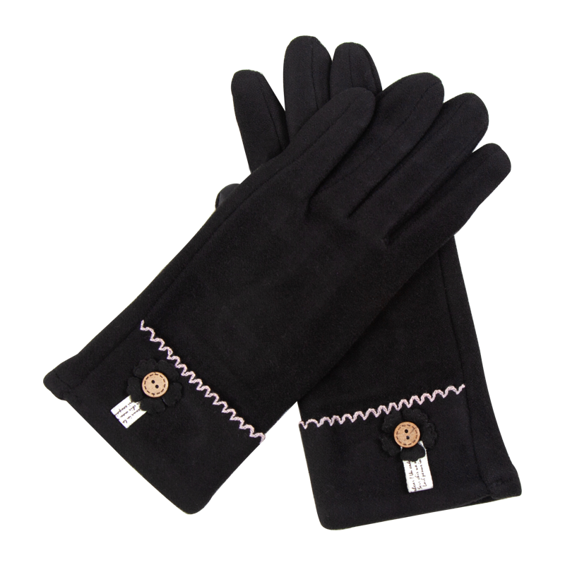达芬奇密码 冬季保暖可爱女生日系心心兔子加绒分指手套带触屏 花扣 黑色