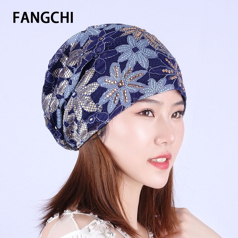 Fangchi帽子女夏天蕾絲透氣頭巾帽時(shí)尚洋氣媽媽帽空調帽包頭帽優(yōu)雅知性 藏藍 54-58cm