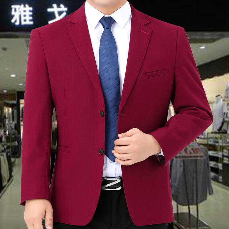 正品中年男士西装外套休闲羊毛西服上衣秋冬大码红色单西男爸爸装