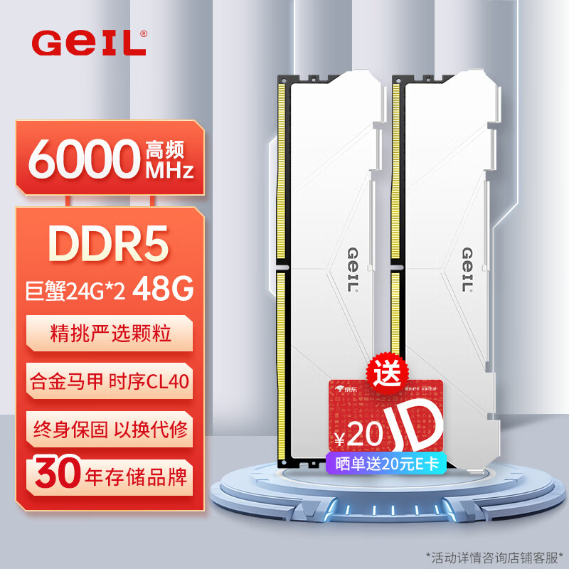 GEIL金邦 48G（24G*2） DDR5-6000  台式机电脑内存条 巨蟹马甲条系列白色