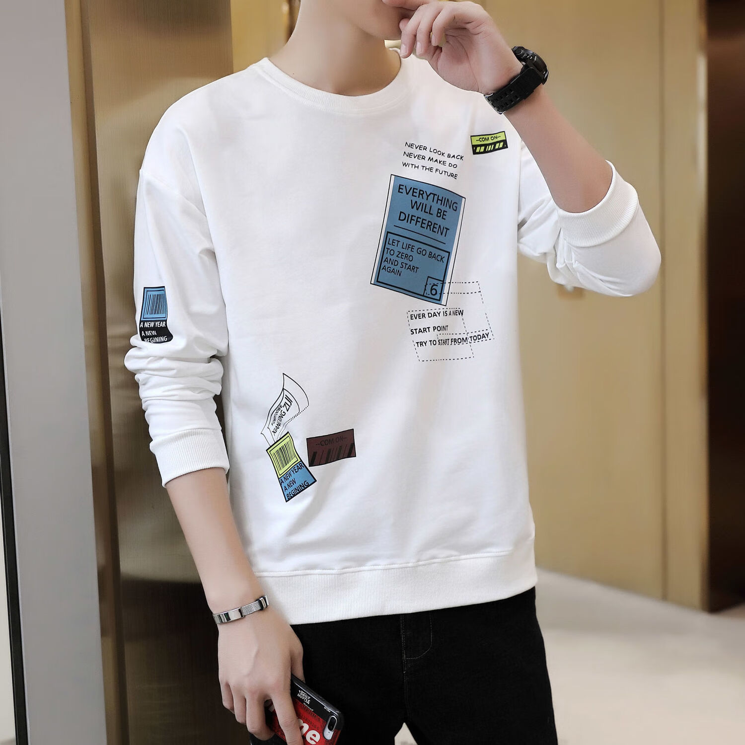 保罗棉韩版卫衣男士学生青少年圆领秋加绒加厚长袖恤男上衣 白色hm839