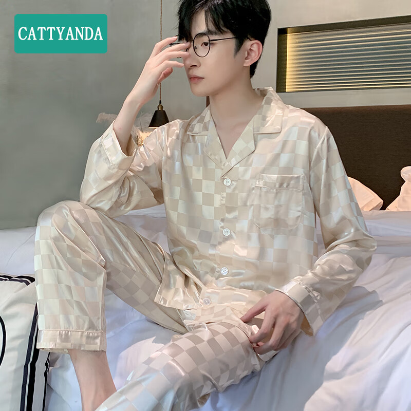 CATTYANDA睡衣男春秋季冰丝薄款大码夏天男士睡衣家居服套装 方格香槟色 XXL（160-180斤）