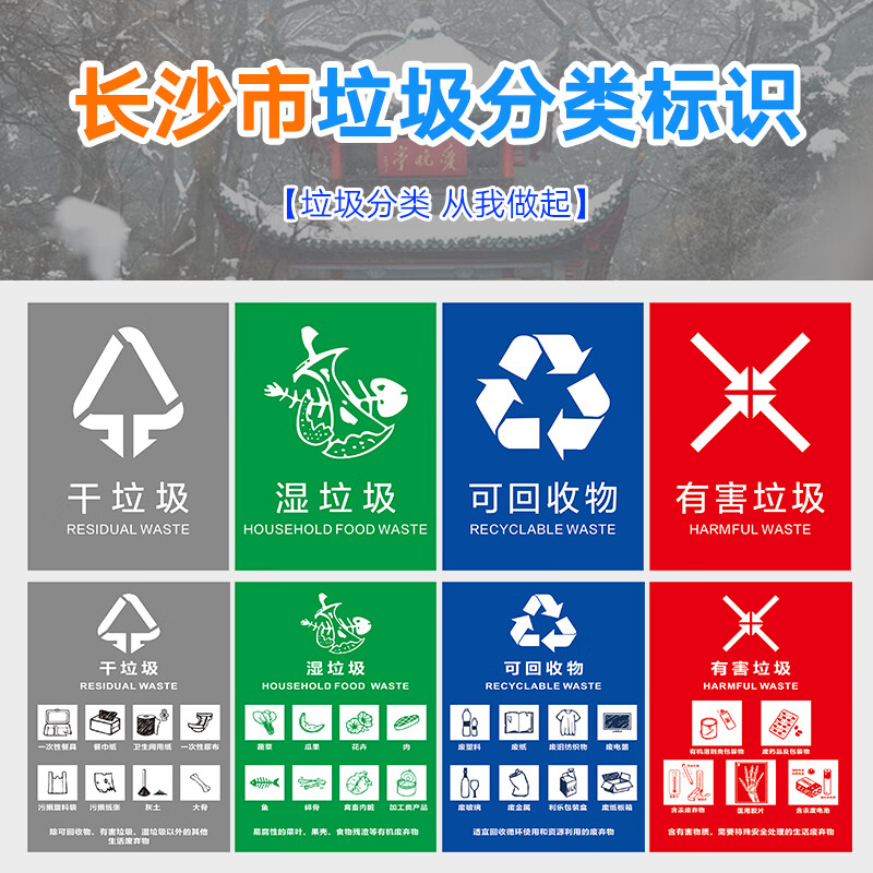 长沙市垃圾分类贴纸 标识 标识牌 垃圾分类指南 垃圾分类细则 干垃圾