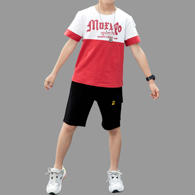 【两件装】夏季运动套装男宽松纯棉初中学高中生青少年两件套短袖t恤个性潮流透气汗衫一套 红色 130(125-135身高)