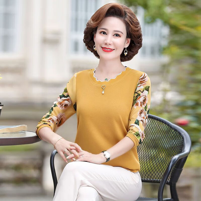 打底线衣女妈妈春装打底衫中老年小衫秋装 黄色长 【不加1绒春秋款】