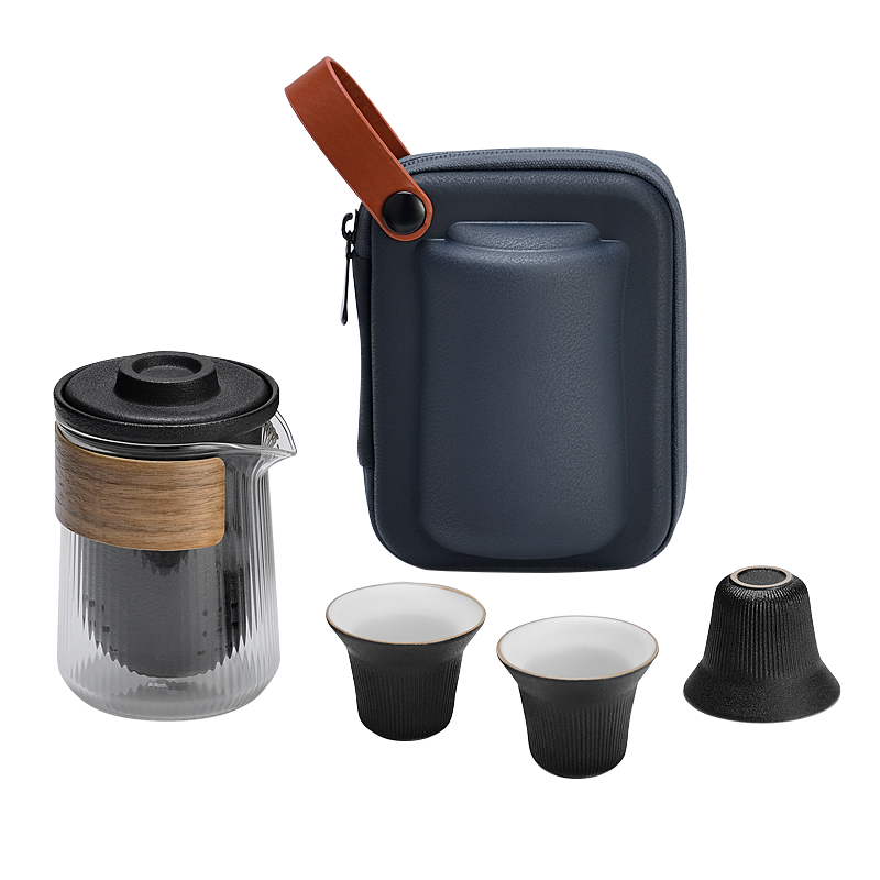 佳佰 旅行茶具便携功夫茶具套装快客杯 玻璃茶壶陶瓷茶杯旅游茶具便捷包 禅风黑