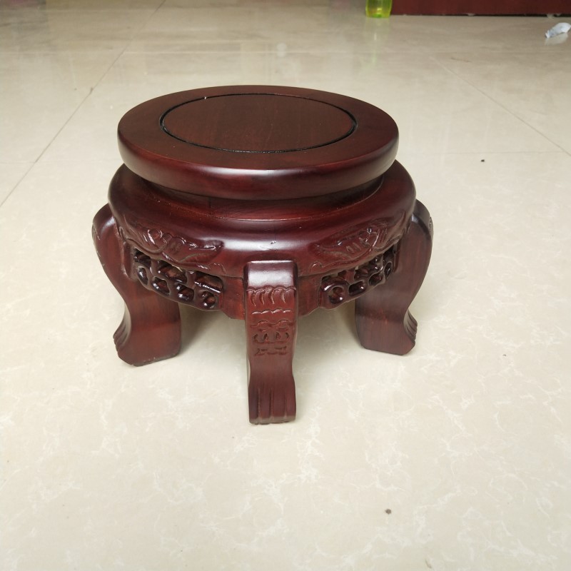 小花架子办公室客厅矮鱼缸架中式仿古圆工艺品架 红榆木地墩20面*20高