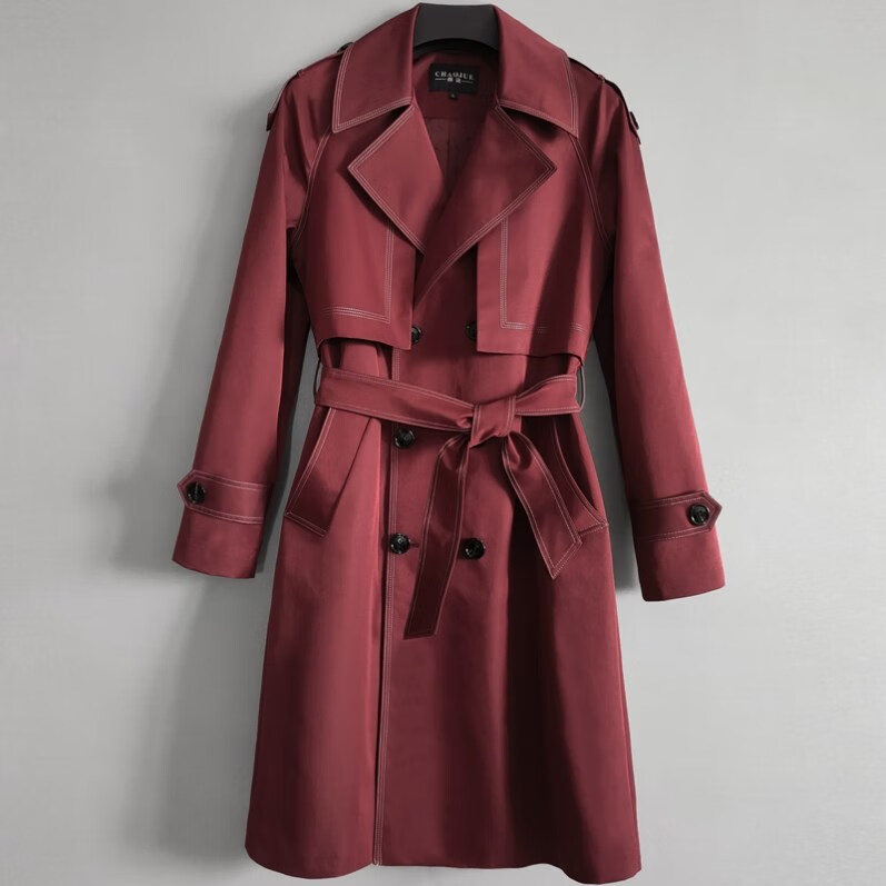 藏青*撞色风衣男中长款春秋新款帅气时尚宽松酒红外套长袖大码 酒红色