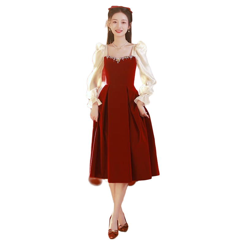 塞德勒（SAIDELE）敬酒服2023新款新娘酒红色春季平时可穿纱袖订婚连衣裙出阁宴礼服 酒红色 XXL (建议126-135斤)