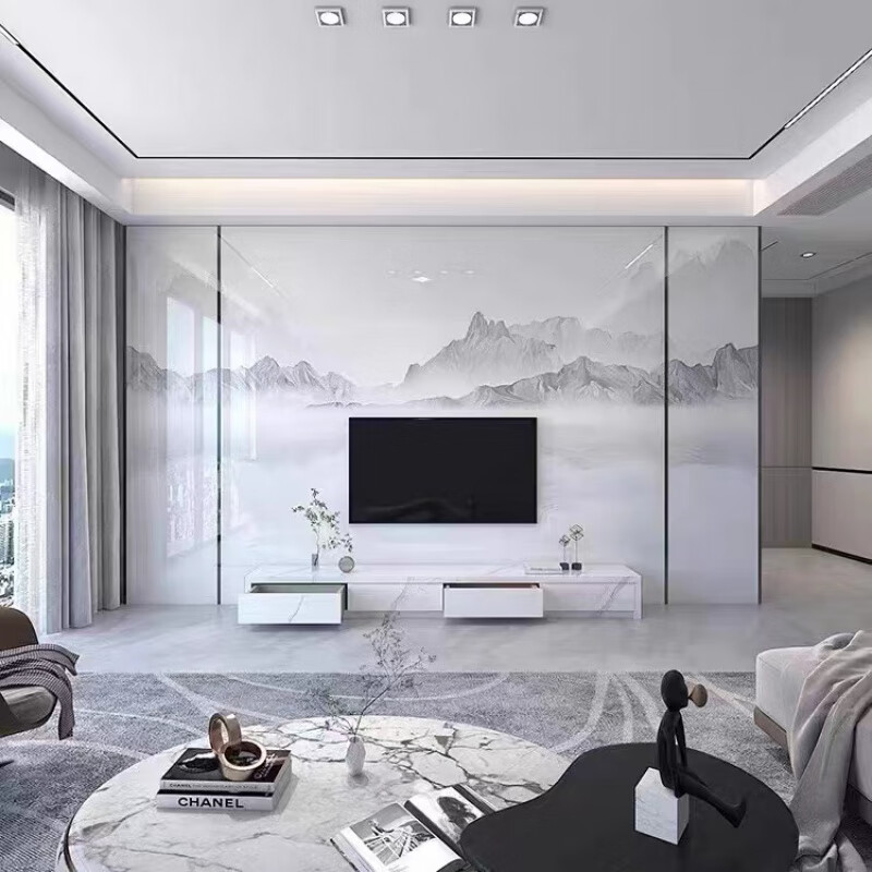 木饰面电视背景墙客厅护墙板格栅奢石墙板装饰竹炭纤维岩板 湖光山色