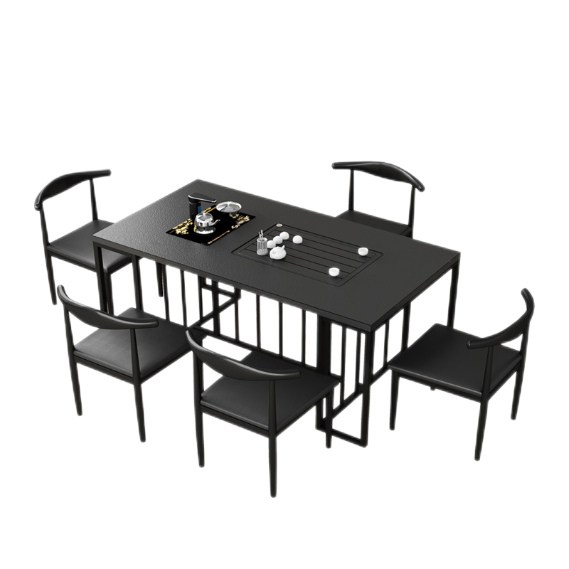 尊兰卡现代简约火烧石茶桌椅组合办公室茶台烧水壶一体家用茶几功夫泡茶台 黑色 茶桌100*60*75高