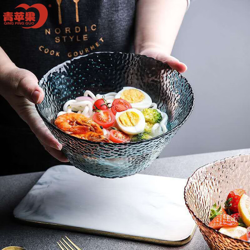 青苹果沙拉碗日式锤目纹玻璃沙拉碗创意个性网红北欧风水果甜品碗蓝色GP-2