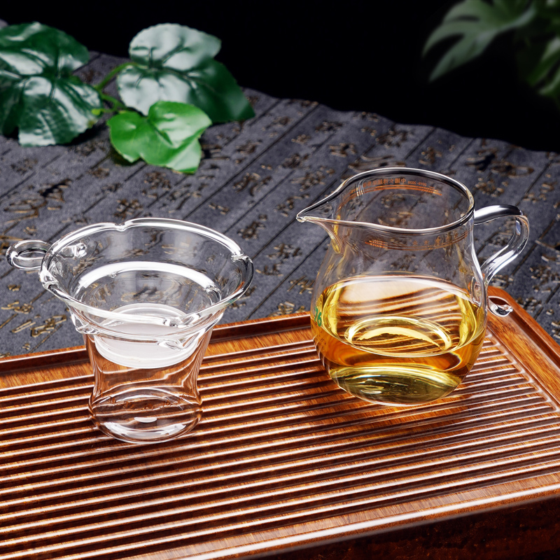 台湾76玻璃公道杯加厚分茶器透明带茶漏套装耐热茶海功夫茶具配件 280ml公道杯+滤网套组（透明把）