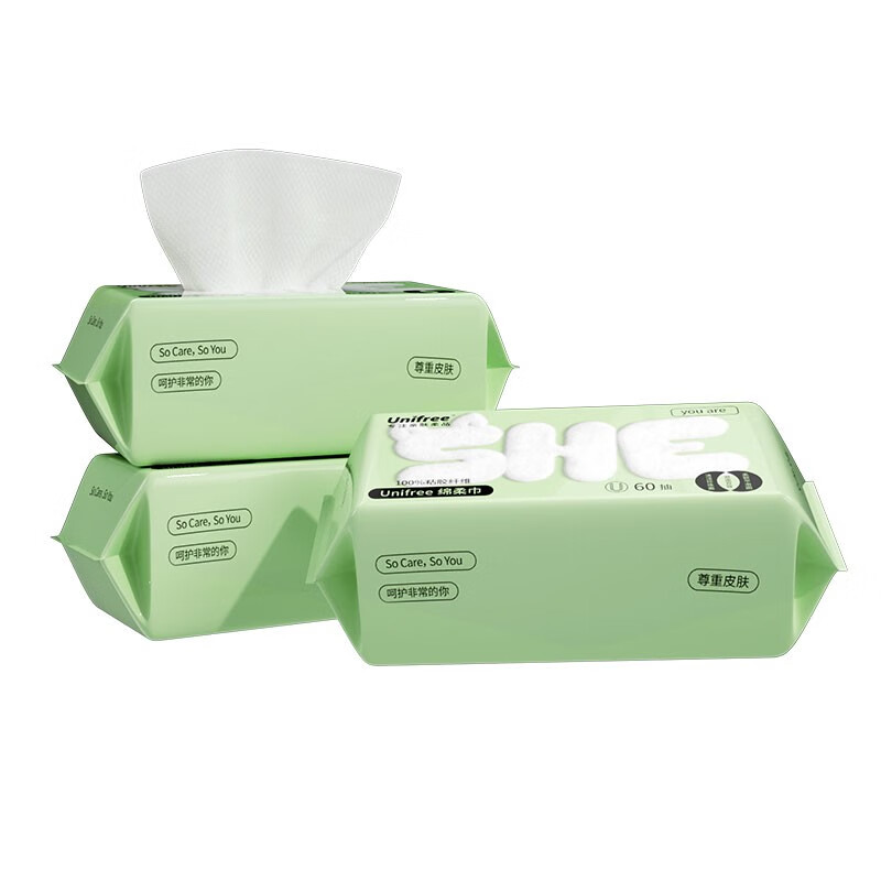 unifree 洗脸巾珍珠纹一次性抽纸 20*20CM  加大加厚干湿两用 60抽 【尝鲜装】洗脸巾60抽*3包