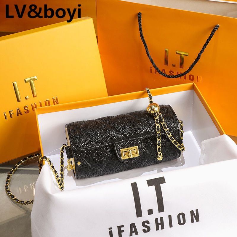 lvboyi包包女包复古菱格链条包圆筒包迷你斜挎包时尚肩带可调节 黑色