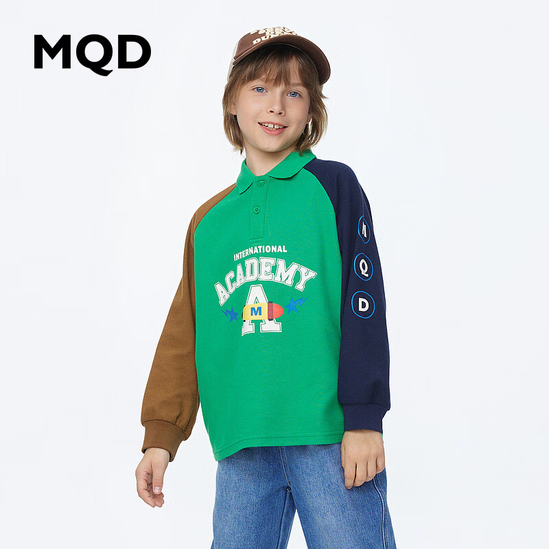 MQD男童POLO衫春季新品儿童长袖T恤胶印撞色上衣 翠绿色 150 (XL)