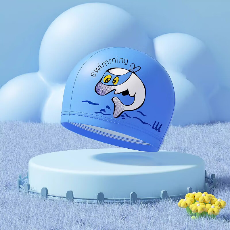 泳帽男童女童长发防水护耳不勒头可爱泳帽游泳装备 蓝色海豚【pu帽】