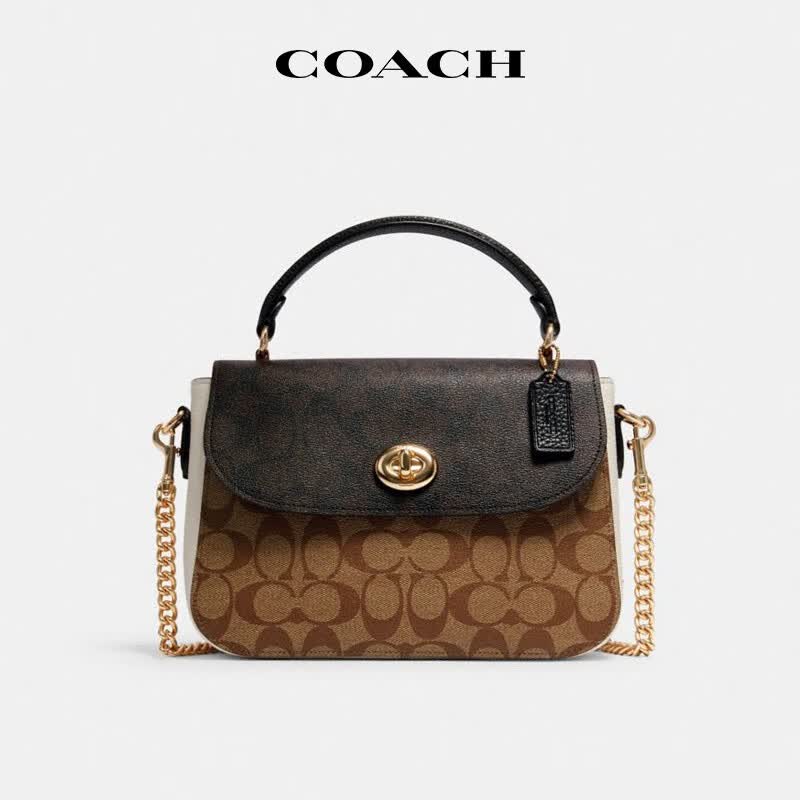 蔻驰 coach 奢侈品 女士中号手提单肩斜挎包浅棕色配色pvc配皮 c1563