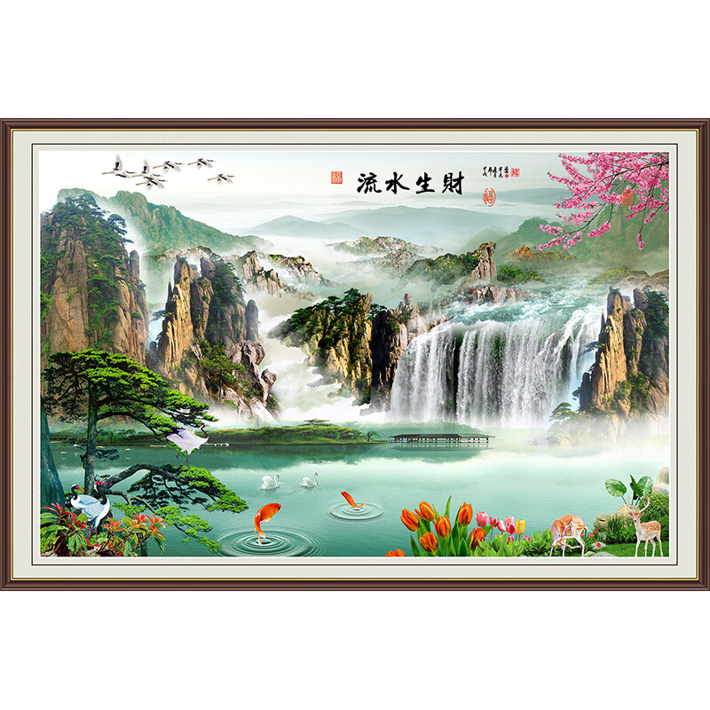 图幻字画风景画玄关流水生财山水墙壁背景贴画墙贴客厅装饰画贴纸自粘